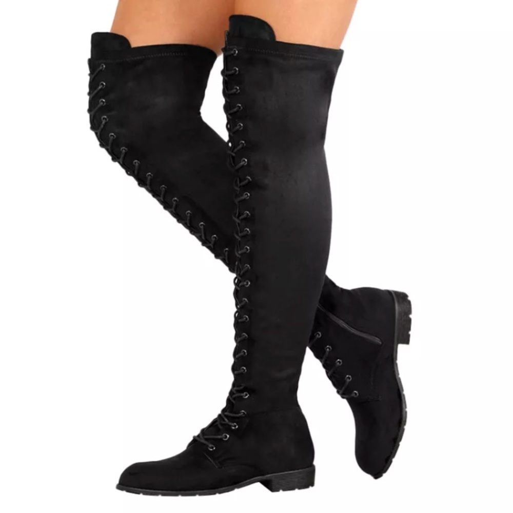 Black Thigh High Lace Up Boots